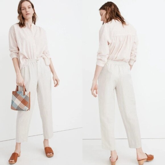Madewell Linen Blend Pleated Tapered Pants Small Beige Elastic Waist - Picture 1 of 10